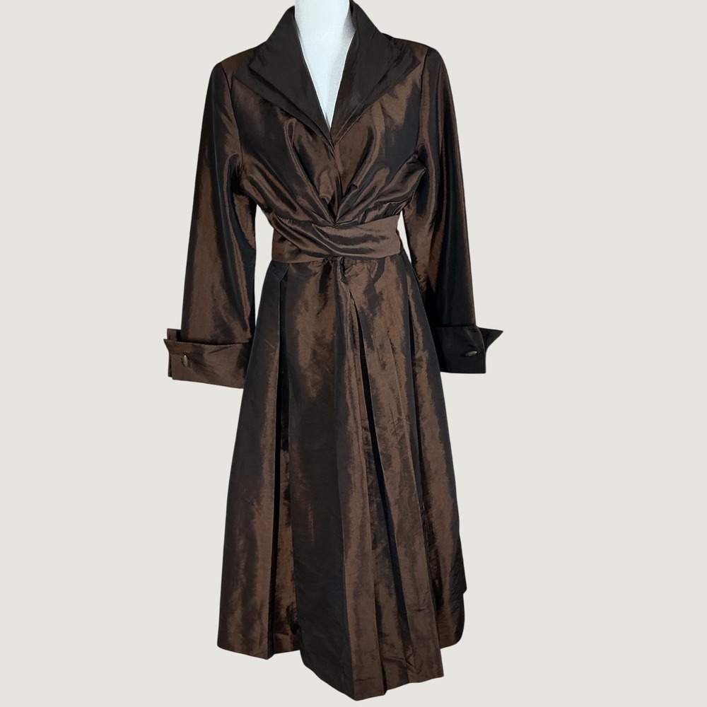 Vintage Womens Bronze Metallic Taffeta Evening Gown 14 Maxi Wrap Pleated Formal
